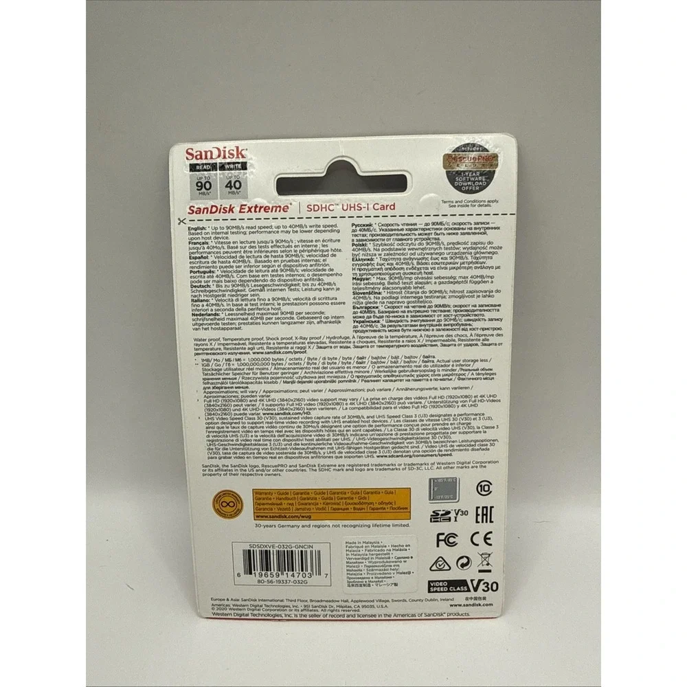 SanDisk Extreme 32GB SDHC Card - U3, V30, 4k/UHD, Speed Up To 90 MB/S